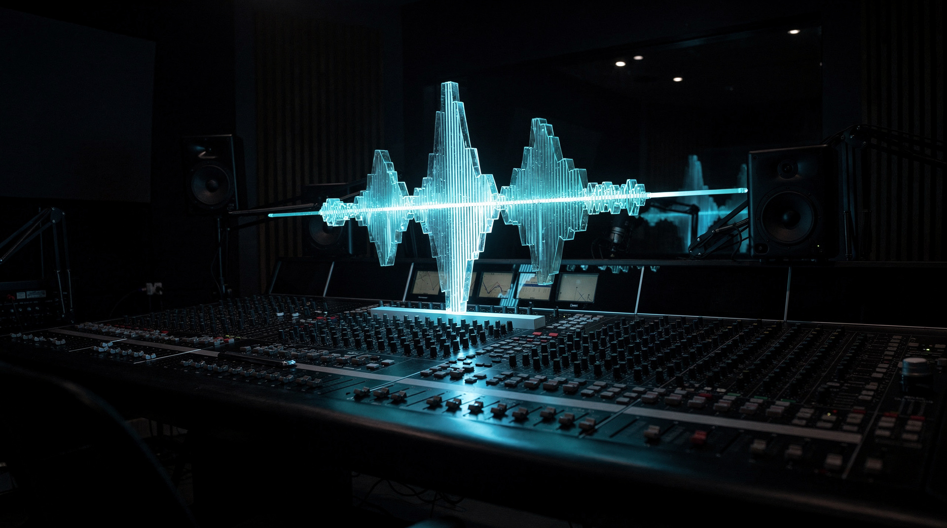 Clip Studio Audio Lab narration studio with a cyan waveform over the console
